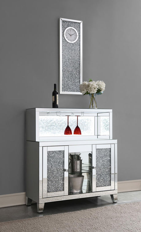 Yvaine Silver 2-door Mirrored Wine Cabinet with Faux Crystal Inlay by Coaster at Eve Furniture