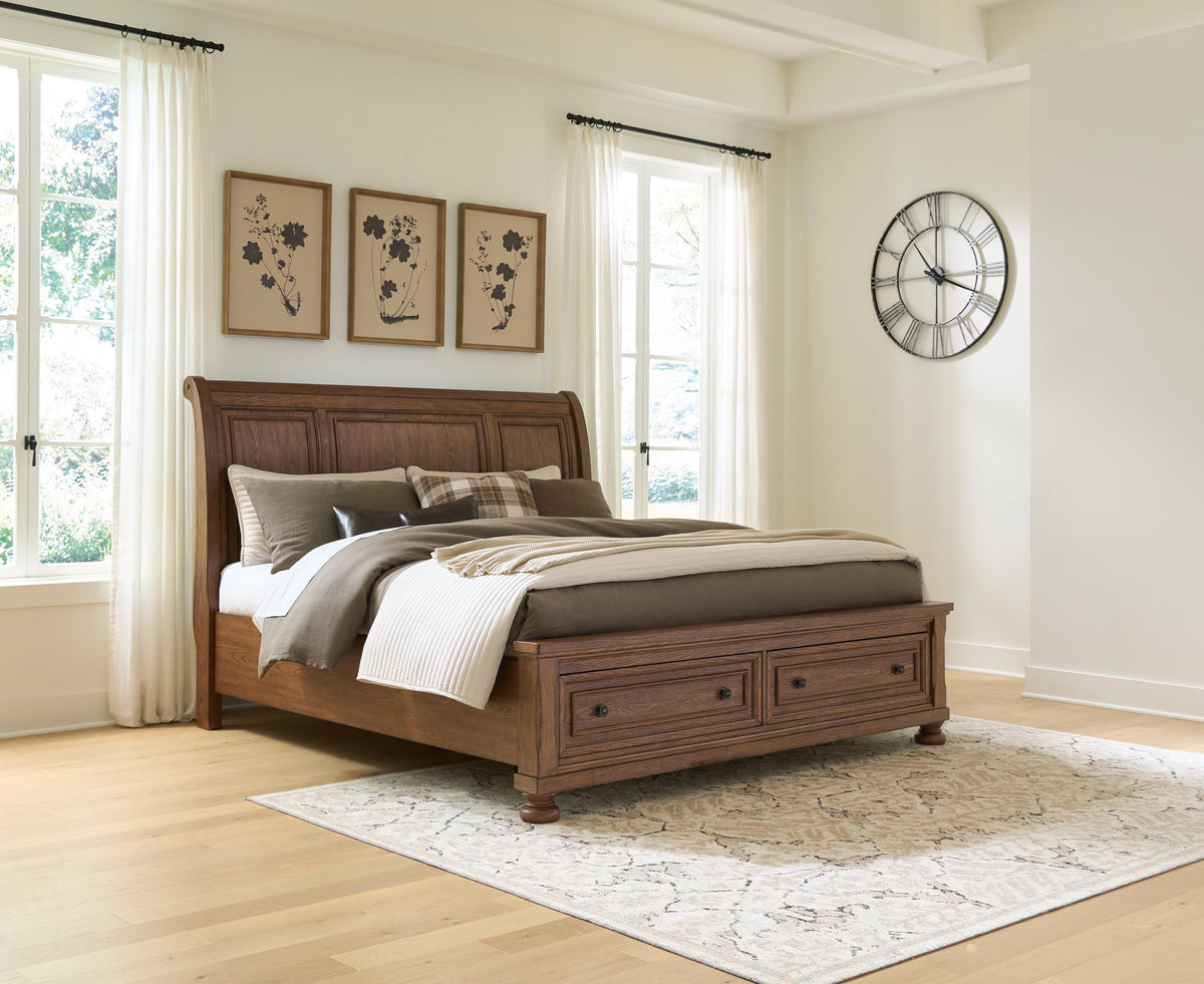 Zackaryn Warm Brown King Sleigh Storage Bed by Ashley at Eve Furniture