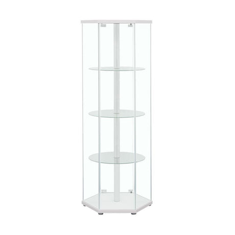 Zahavah White/Clear 4-Shelf Hexagon Shaped Curio Cabinet by Coaster at Eve Furniture