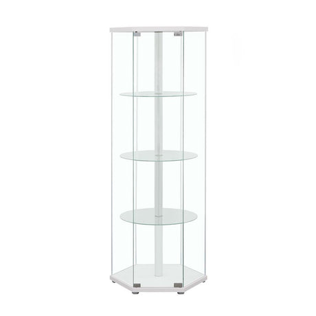 Zahavah White/Clear 4-Shelf Hexagon Shaped Curio Cabinet by Coaster at Eve Furniture