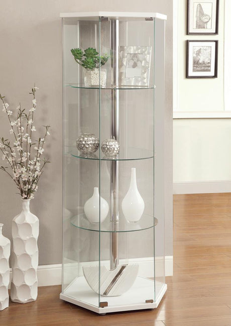 Zahavah White/Clear 4-Shelf Hexagon Shaped Curio Cabinet by Coaster at Eve Furniture