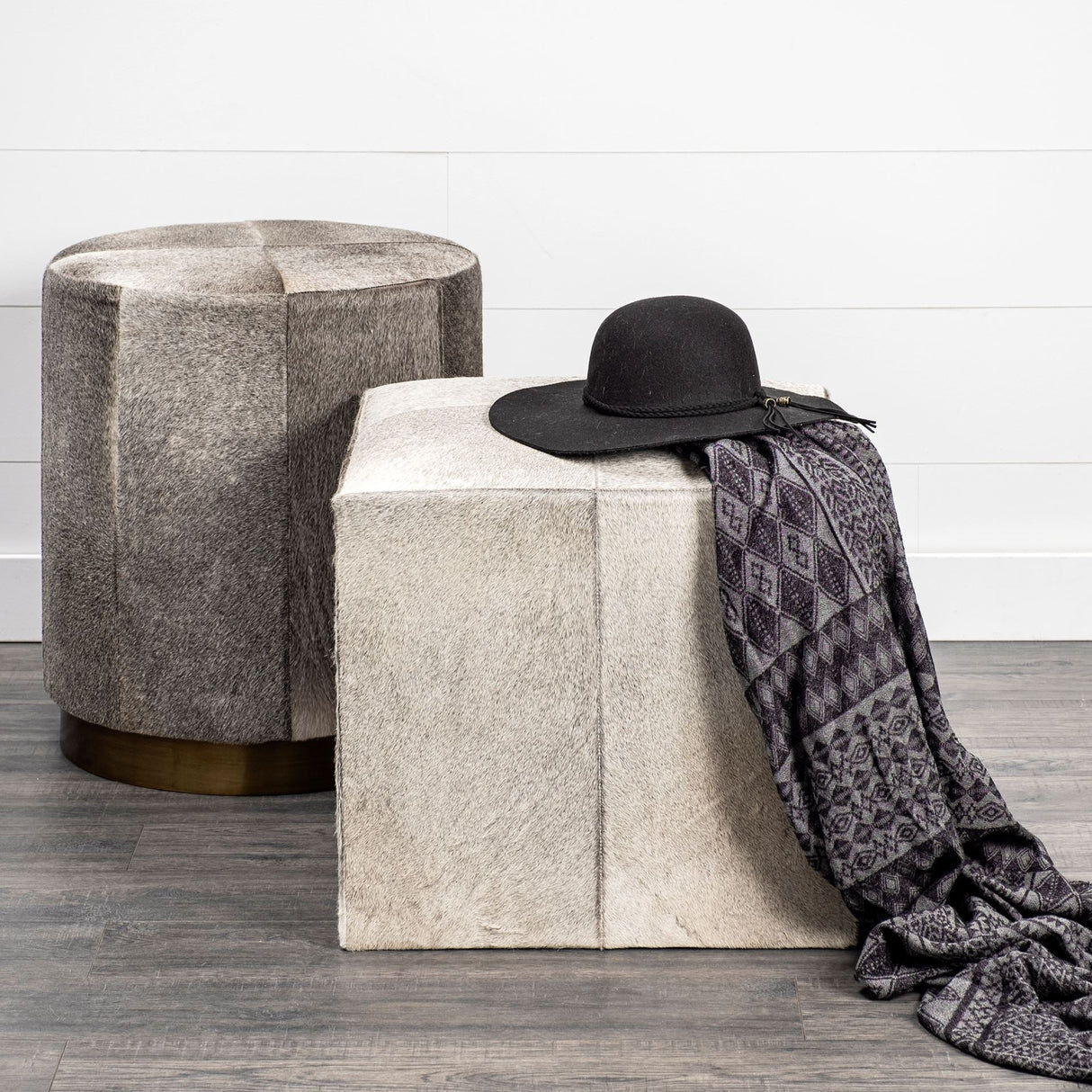 Zahavi I 20" Grey-toned hair-on-hide ottoman by Mercana at Eve Furniture