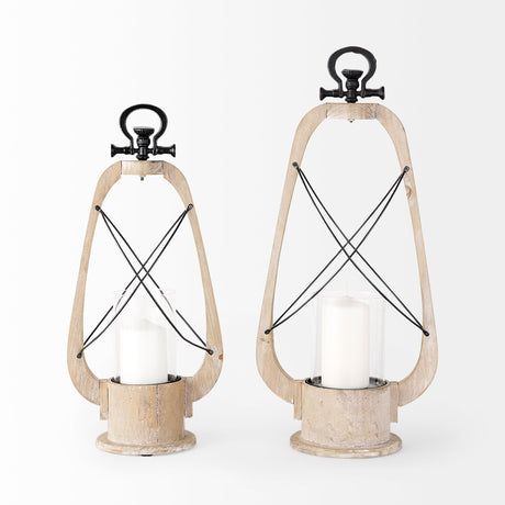 Zain II Large Brown Wooden Vintage Inspired Candle Holder Lantern by Mercana at Eve Furniture