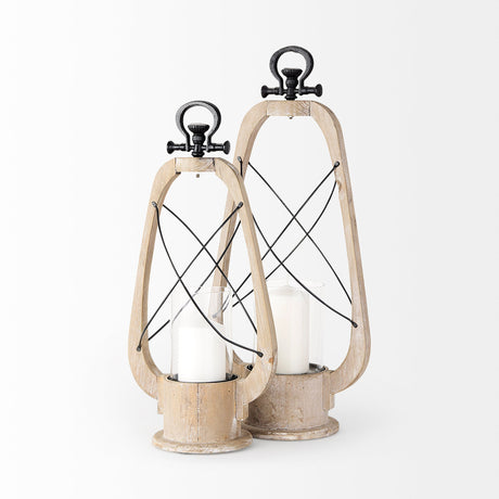 Zain II Large Brown Wooden Vintage Inspired Candle Holder Lantern by Mercana at Eve Furniture