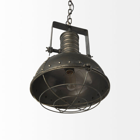 Zaio Weathered Antique Gold Metal Caged Bulb Pendant Light by Mercana at Eve Furniture