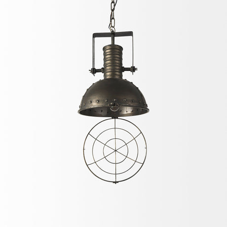 Zaio Weathered Antique Gold Metal Caged Bulb Pendant Light by Mercana at Eve Furniture