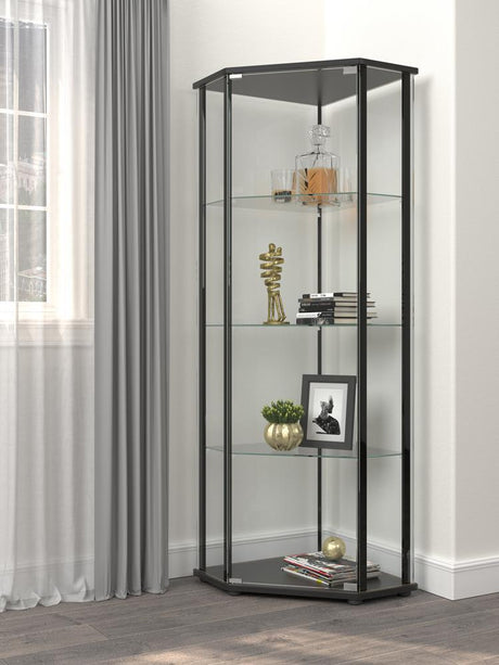 Zenobia Clear and Black Glass Shelf Curio Cabinet by Coaster at Eve Furniture