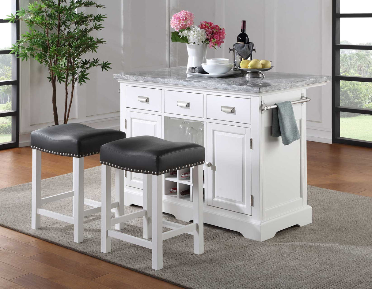 Zermatt 2-Piece Grey Marble Kitchen Island(Island, 2 Counter Stools)