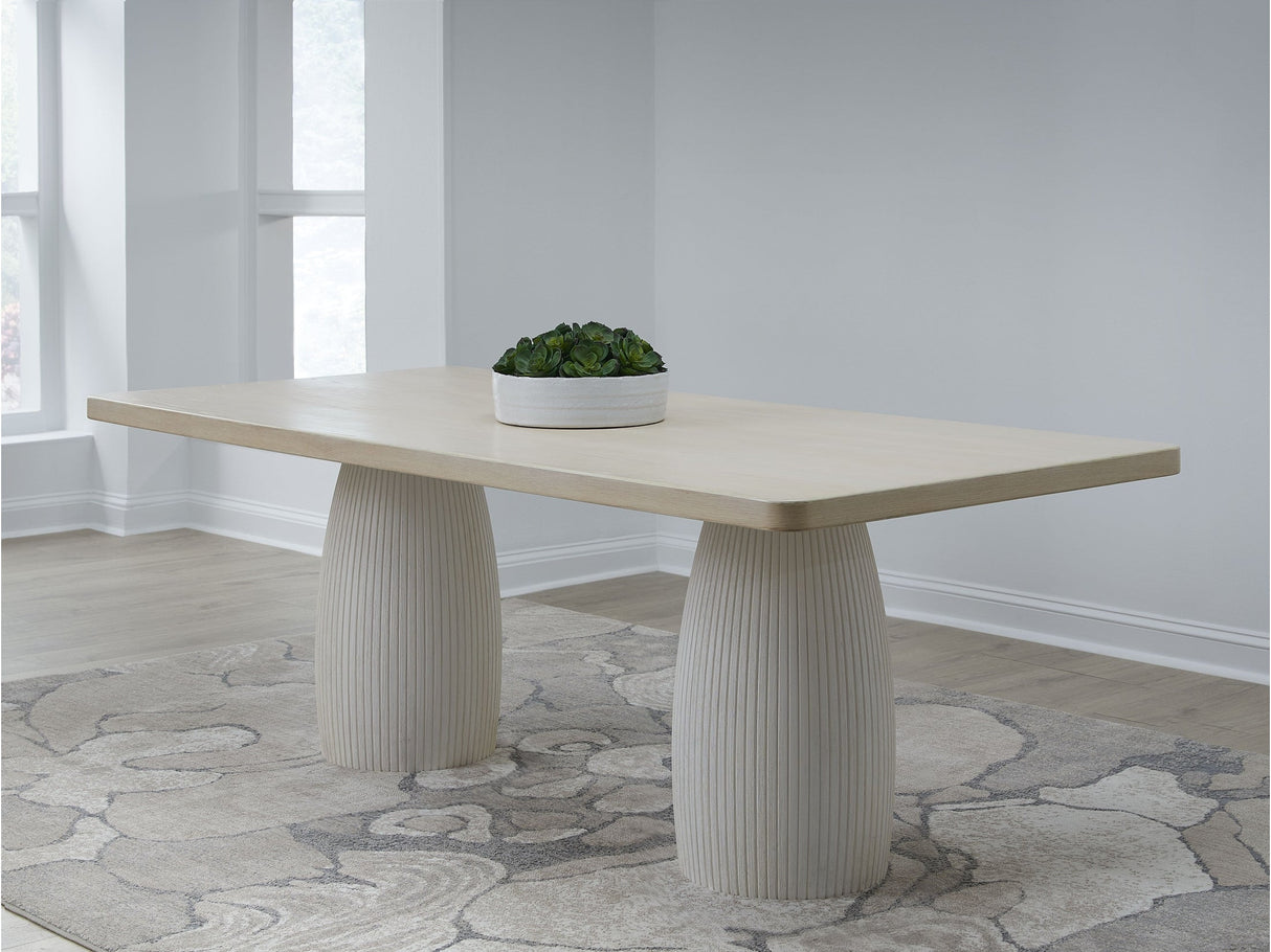 Zinnia Plaster Base Wood Top Dining Table in White Sand and Ivory by Modus Furniture at Eve Furniture