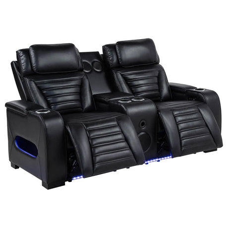 Zuma Black Faux Leather Dual Power Reclining LED Loveseat by Coaster at Eve Furniture
