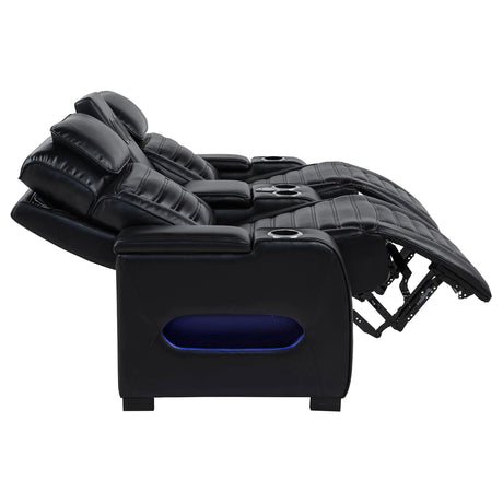Zuma Black Faux Leather Dual Power Reclining LED Loveseat by Coaster at Eve Furniture