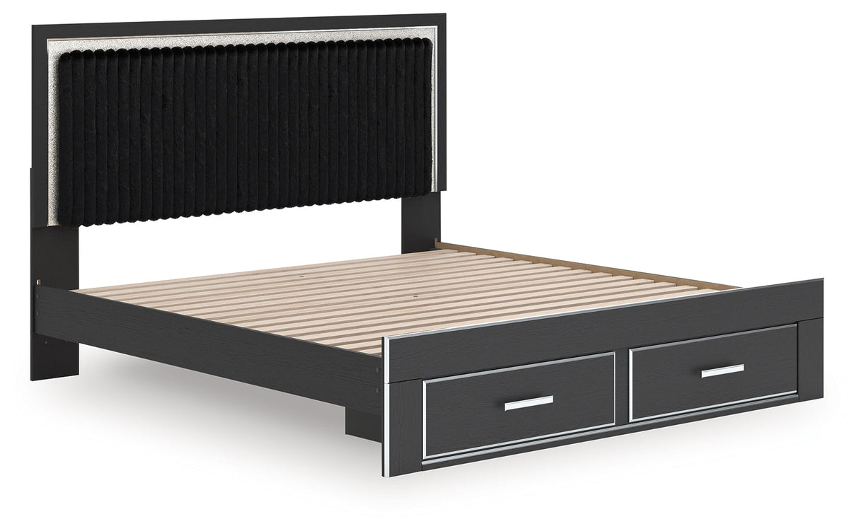 Zuraleus Black Upholstered Storage Panel Bedroom Set with 2 Footboard Drawers by Ashley at Eve Furniture