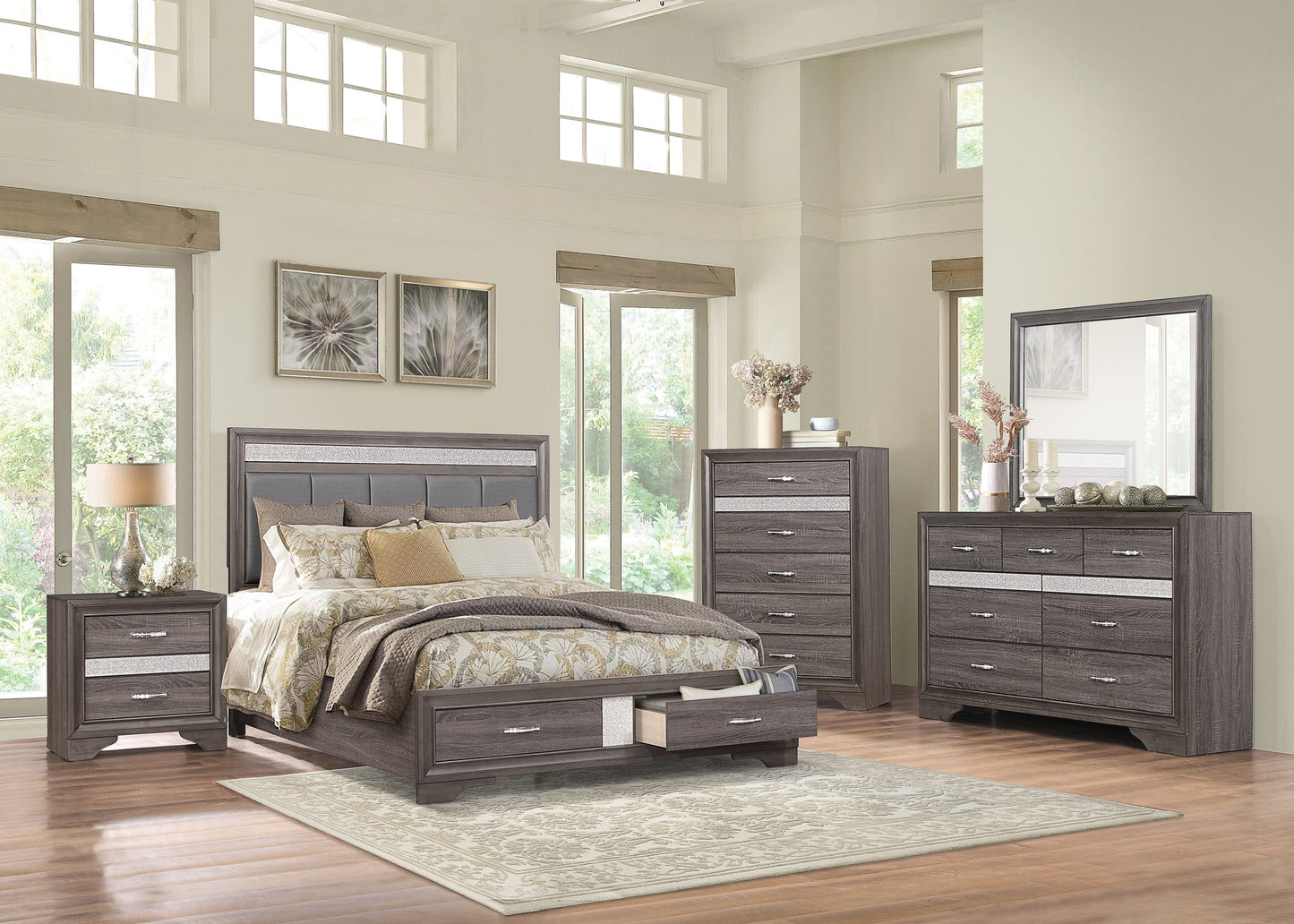 Luster Gray Upholstered Storage Platform Bedroom Set