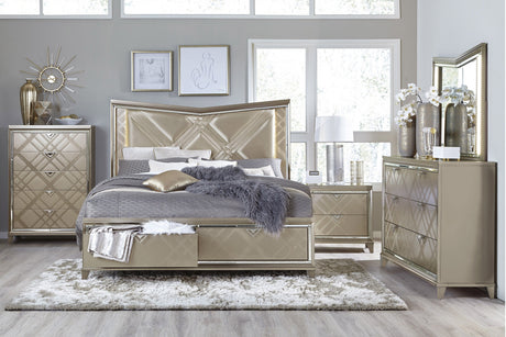 Bijou Champagne LED Upholstered Storage Platform Bedroom Set - Eve Furniture