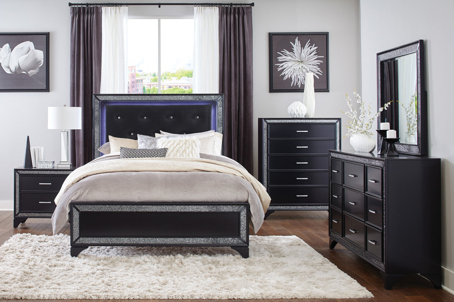 Salon Black LED Upholstered Panel Bedroom Set