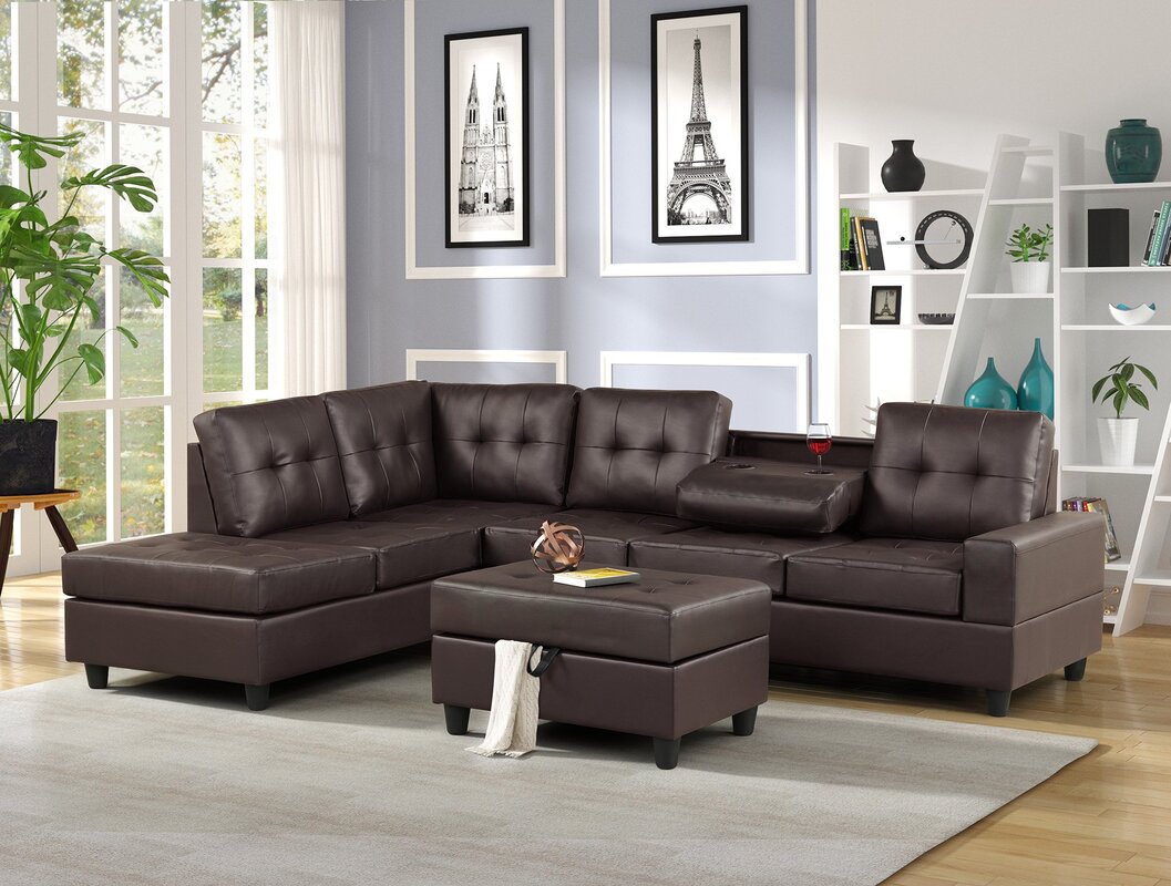 Heights Espresso Faux Leather Reversible Sectional with Storage Ottoman
