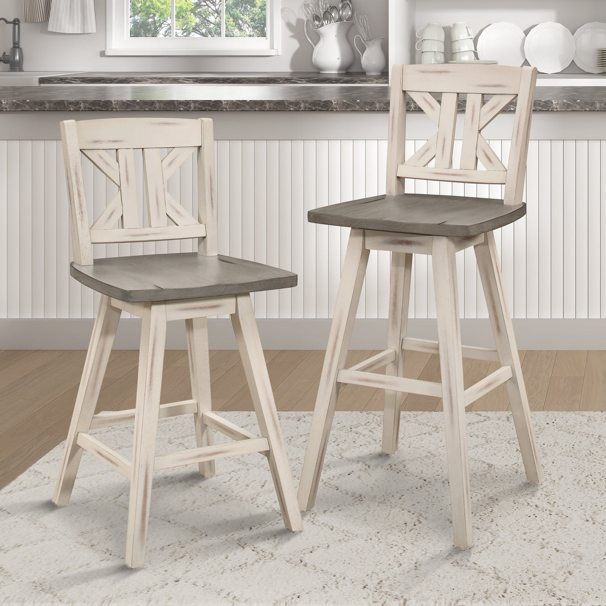 Amsonia White Swivel Pub Counter Height Chairs, Set of 2