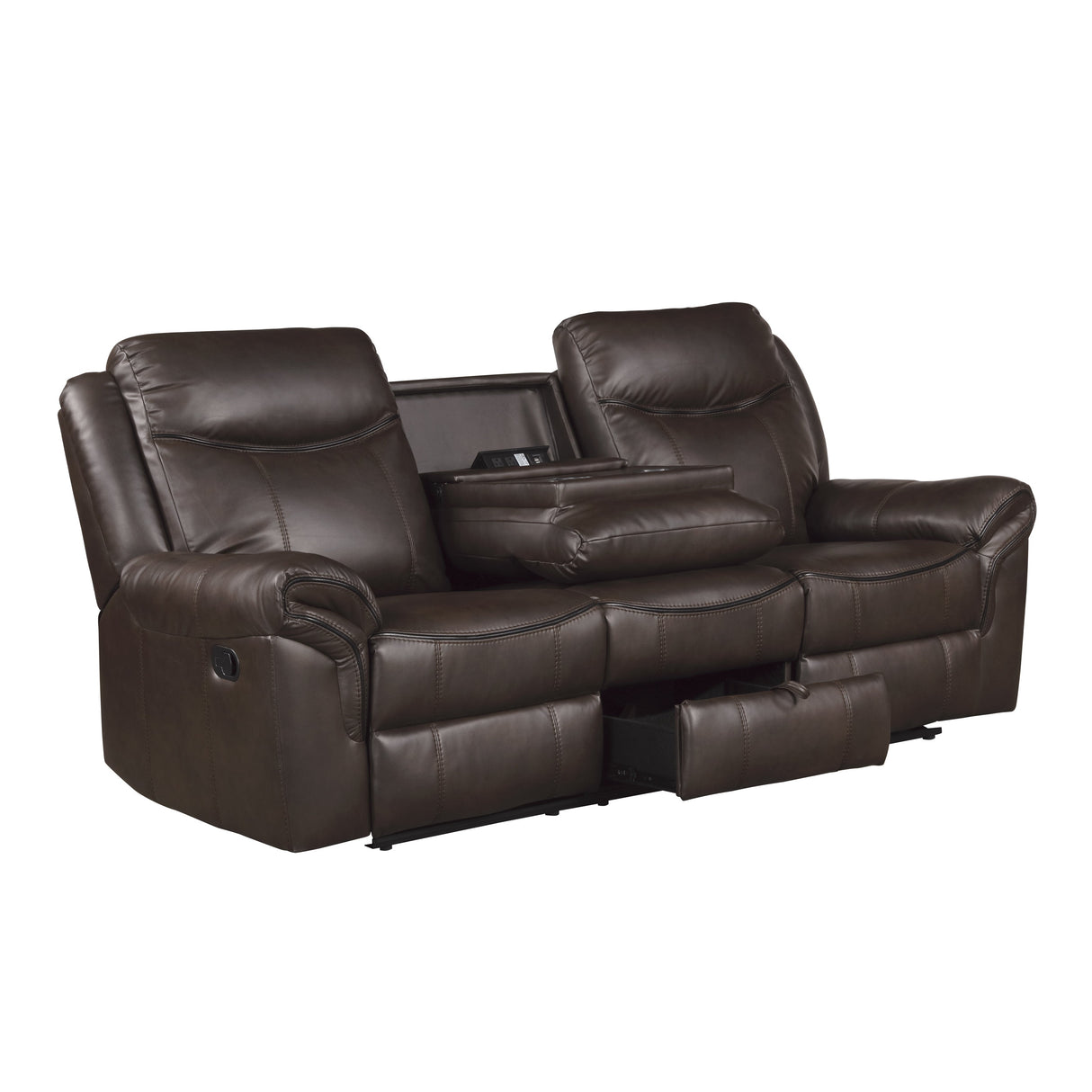 Aram Dark Brown Faux Leather Double Reclining Sofa with Center Drop-Down Cup Holders, Receptacles, Hidden Drawer and USB Ports