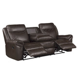 Aram Dark Brown Faux Leather Double Reclining Sofa with Center Drop-Down Cup Holders, Receptacles, Hidden Drawer and USB Ports