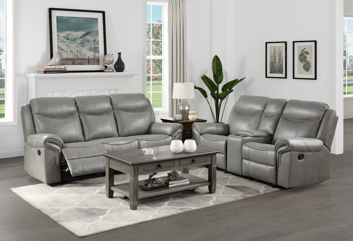 Aram Gray Faux Leather Double Reclining Sofa with Center Drop-Down Cup Holders, Receptacles, Hidden Drawer and USB Ports