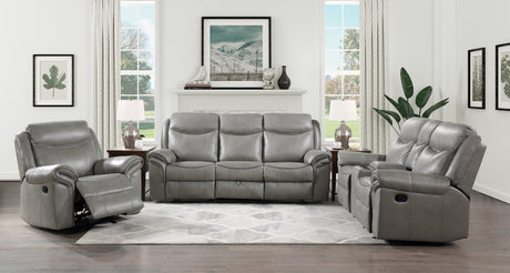 Aram Gray Faux Leather Double Reclining Sofa with Center Drop-Down Cup Holders, Receptacles, Hidden Drawer and USB Ports