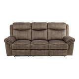 Aram Brown Fabric Double Reclining Sofa with Center Drop-Down Cup Holders, Receptacles, Hidden Drawer and USB Ports