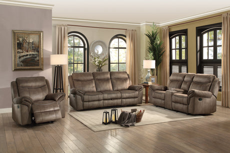 Aram Brown Fabric Double Reclining Sofa with Center Drop-Down Cup Holders, Receptacles, Hidden Drawer and USB Ports