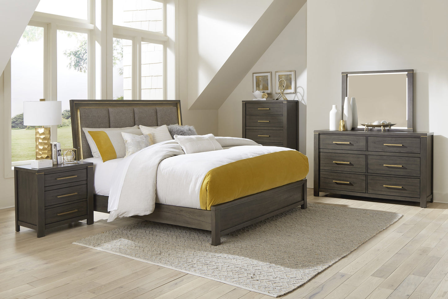 Scarlet Brownish Gray LED Upholstered Panel Bedroom Set