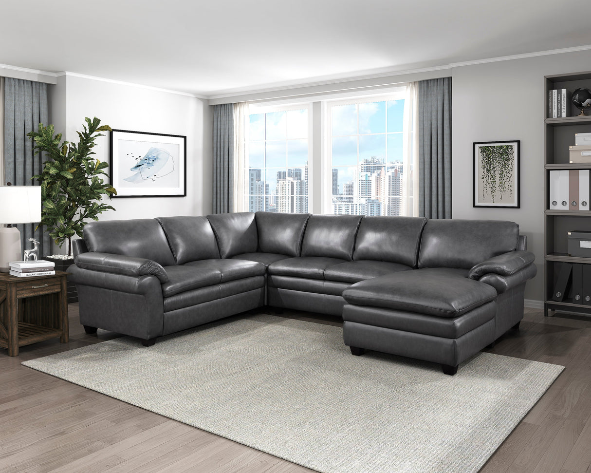 Exton Gray Leather 4-Piece Sectional with Right Chaise