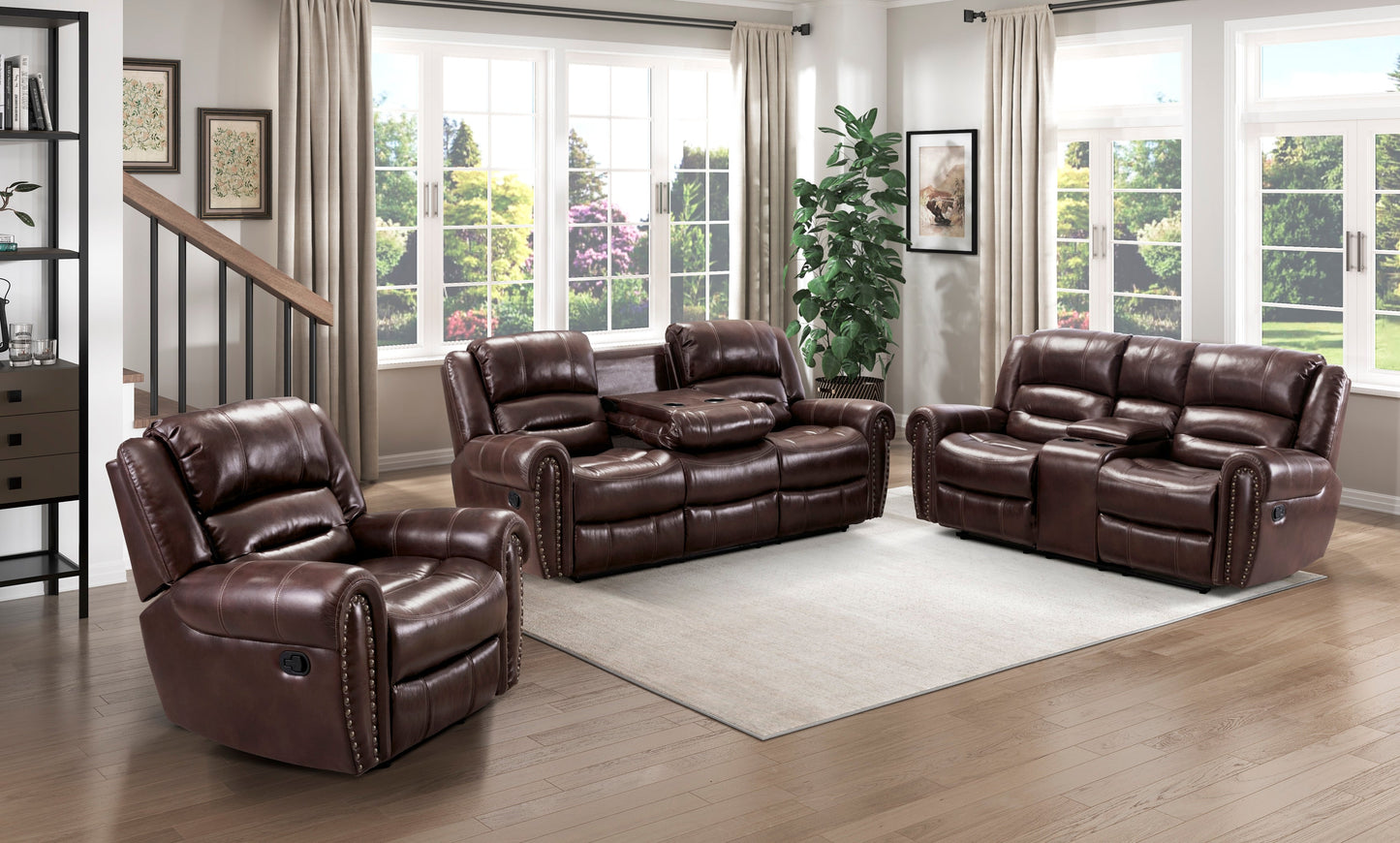 Center Hill Brown Double Reclining Sofa with Center Drop-down Cup Holders