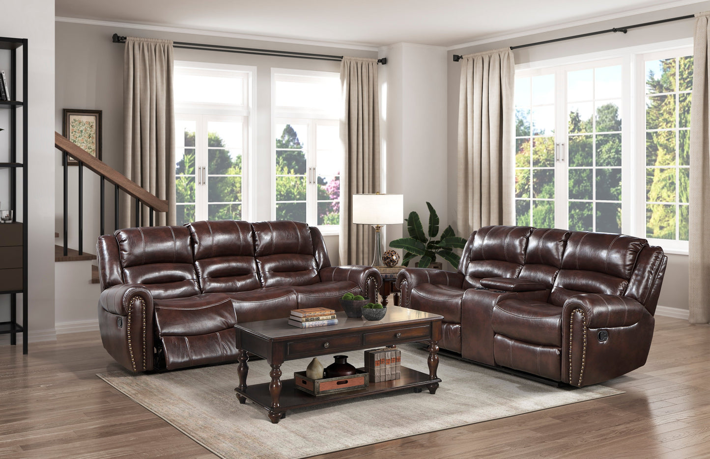 Center Hill Brown Double Reclining Sofa with Center Drop-down Cup Holders