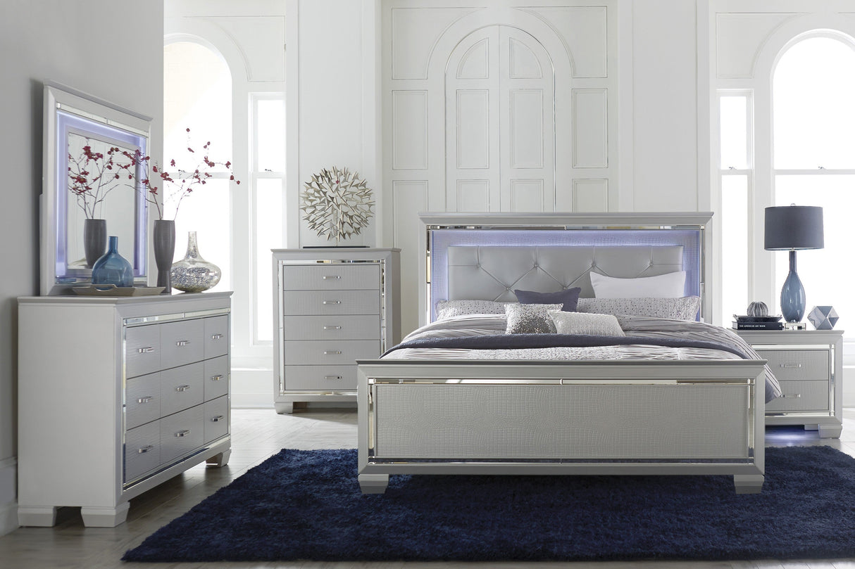 Allura Silver Queen LED Upholstered Panel Bed