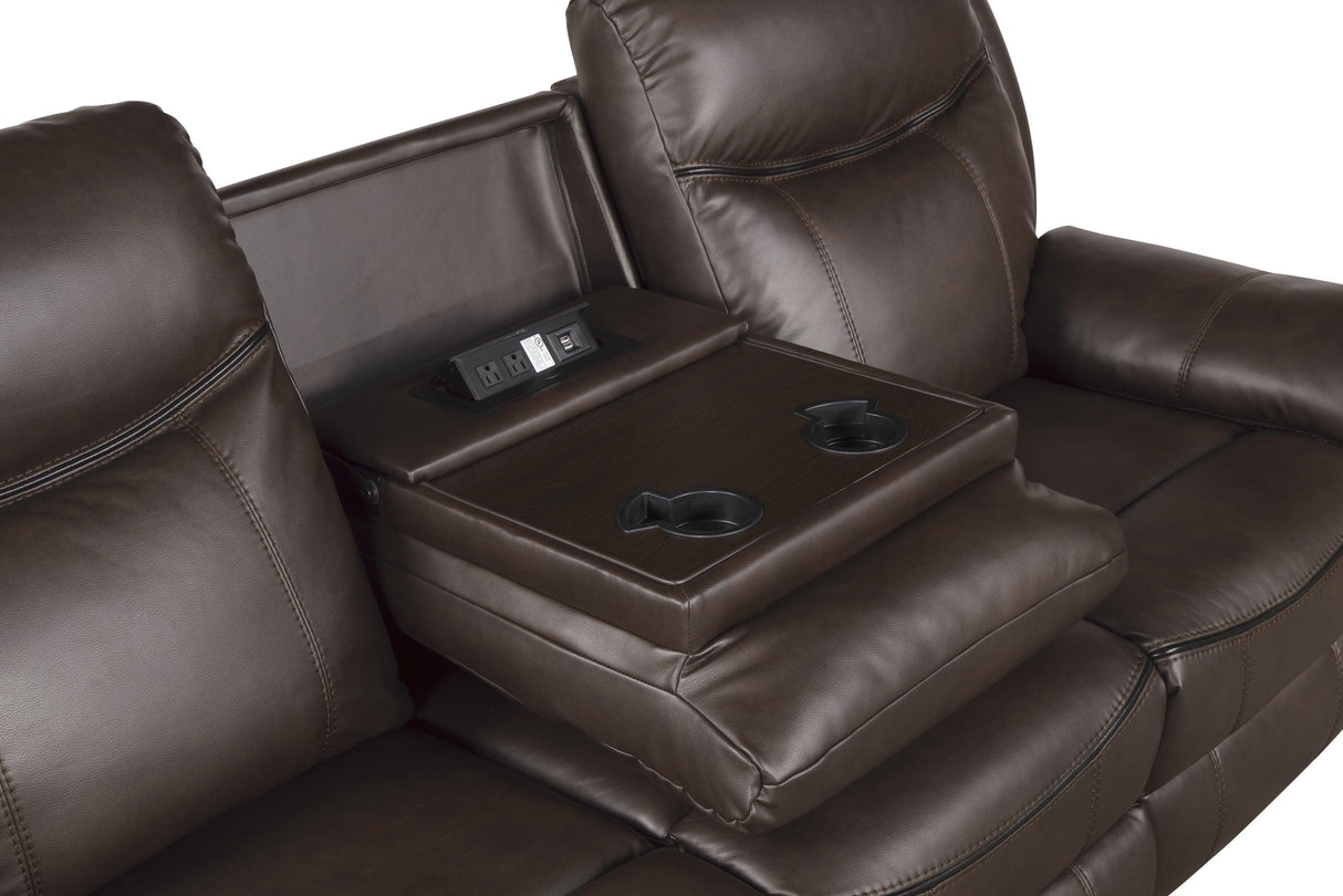 Aram Dark Brown Faux Leather Double Reclining Sofa by Homelegance at Eve Furniture