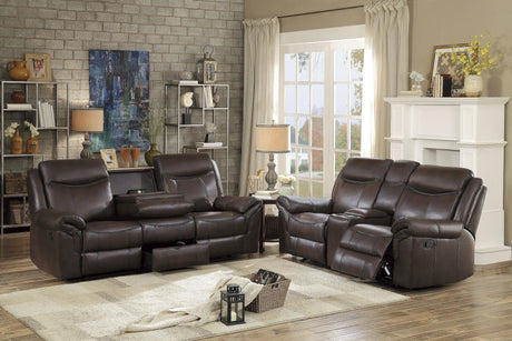 Aram Dark Brown Faux Leather Double Reclining Sofa by Homelegance at Eve Furniture