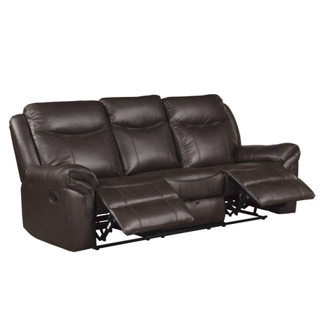Aram Dark Brown Faux Leather Double Reclining Sofa by Homelegance at Eve Furniture