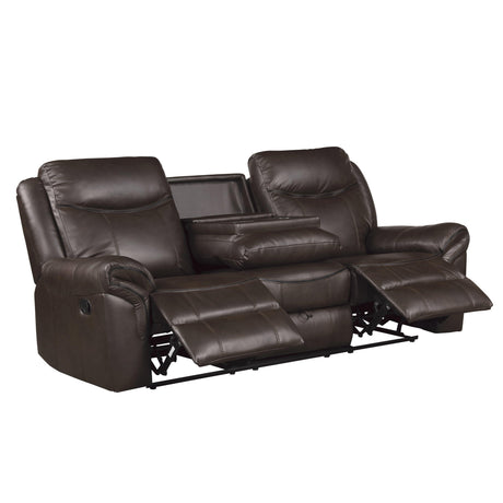Aram Dark Brown Faux Leather Double Reclining Sofa by Homelegance at Eve Furniture