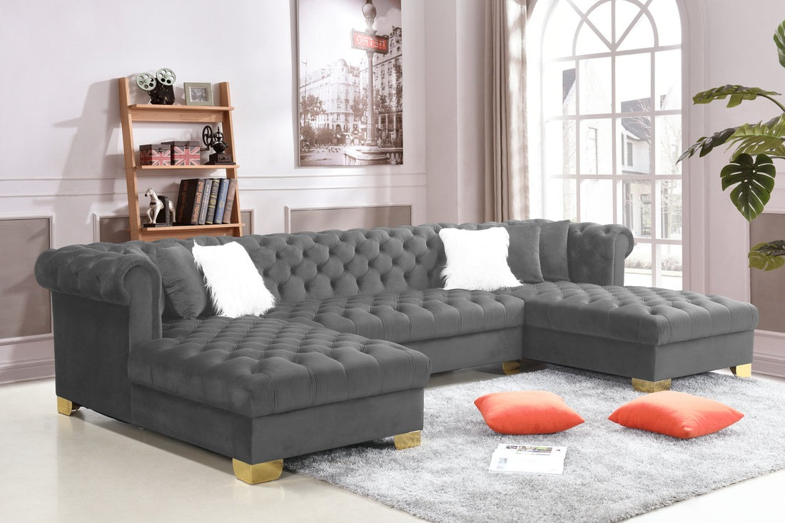 Ari Gray Velvet Double Chaise Sectional With Gold Legs