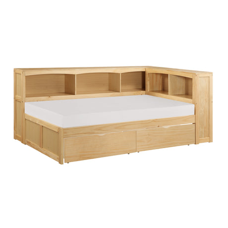 Bartly Pine Twin Bookcase Corner Bed with Storage Boxes