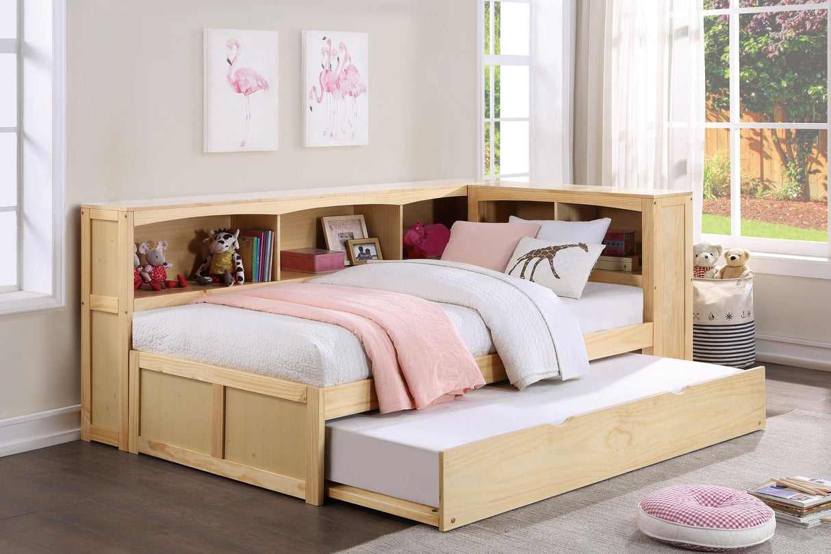 Bartly Pine Twin Bookcase Corner Bed with Twin Trundle by Homelegance at Eve Furniture