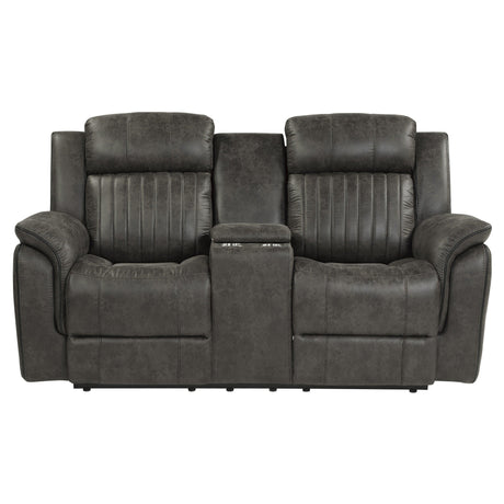 Centeroak Brownish Gray Double Reclining Loveseat with Center Console by Homelegance at Eve Furniture
