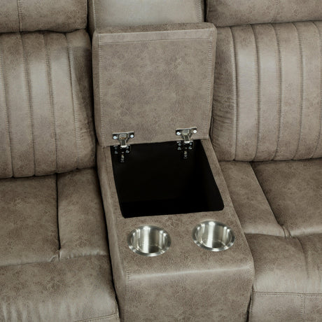 Centeroak Sandy Brown Double Reclining Loveseat with Center Console by Homelegance at Eve Furniture