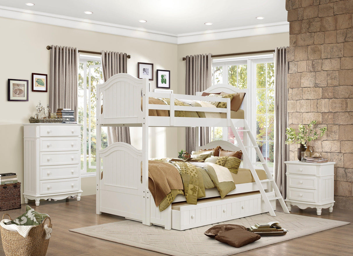 Clementine White Twin/Full Bunk Bed with Twin Trundle by Homelegance at Eve Furniture