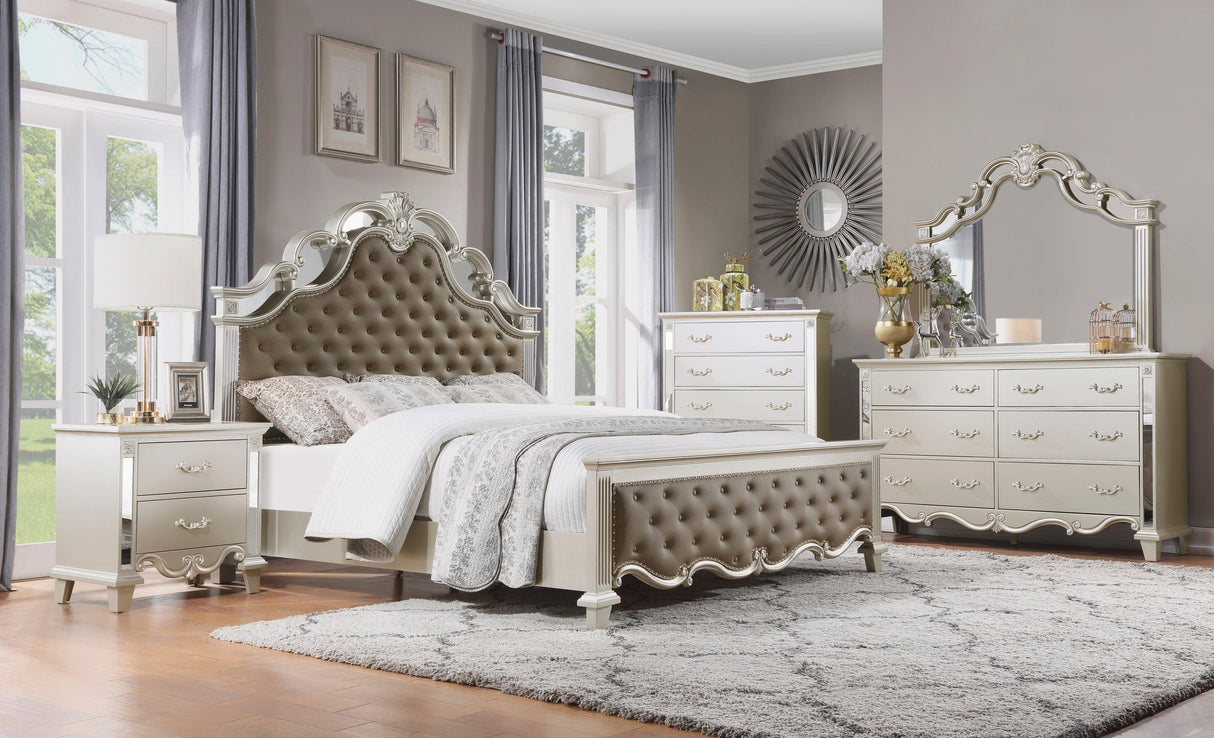 Ever Champagne King Mirrored Upholstered Panel Bed by Homelegance at Eve Furniture