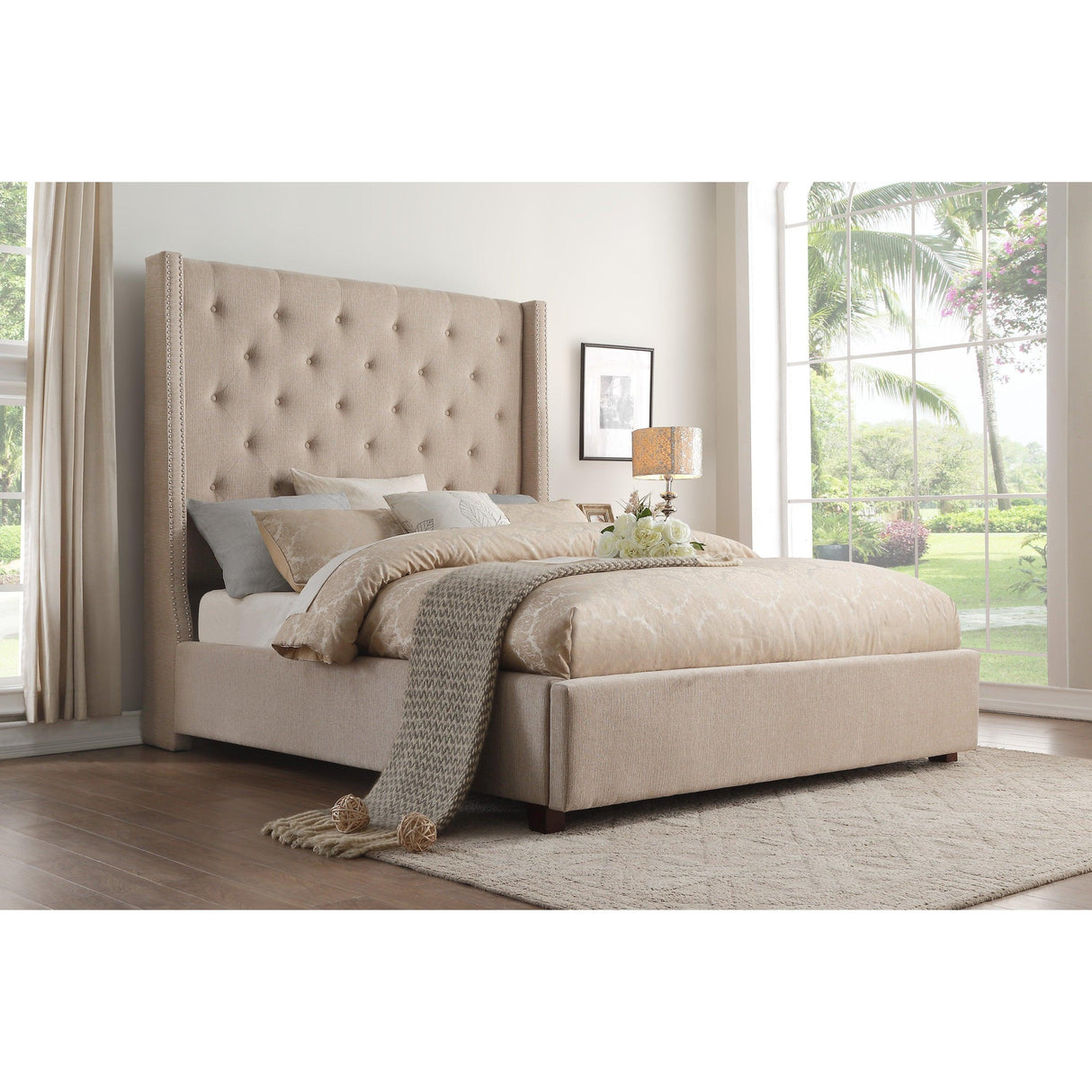 Fairborn Beige Queen Upholstered Storage Platform Bed by Homelegance at Eve Furniture