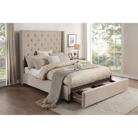 Fairborn Beige Queen Upholstered Storage Platform Bed by Homelegance at Eve Furniture