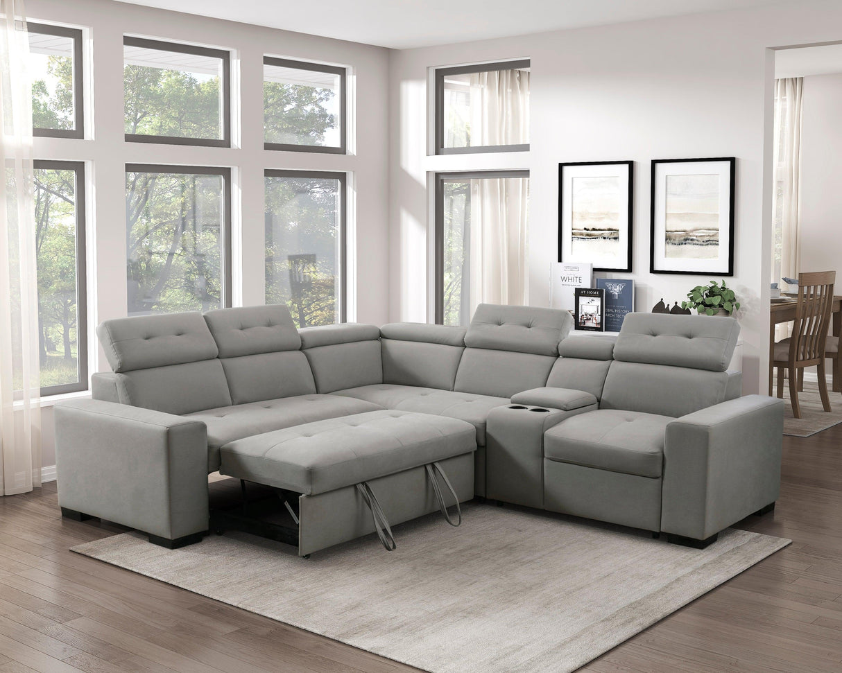 Farrah Light Gray 3-Piece Sectional with Adjustable Headrests, Pull-out Bed and Console by Homelegance at Eve Furniture