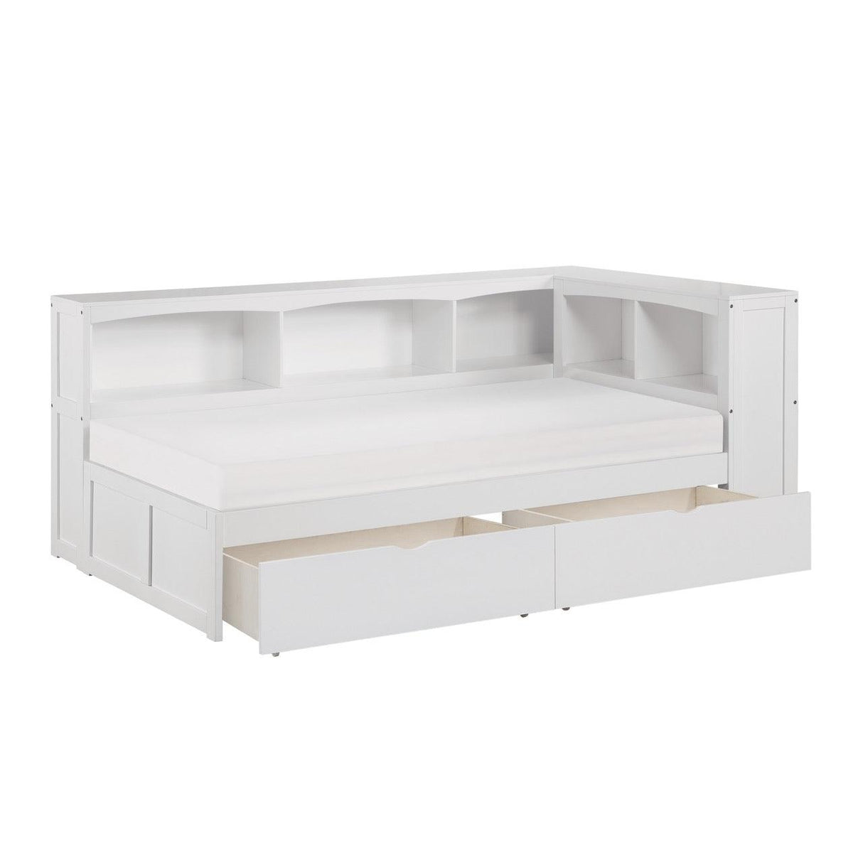 Galen White Twin Bookcase Corner Bed with Storage Boxes by Homelegance at Eve Furniture