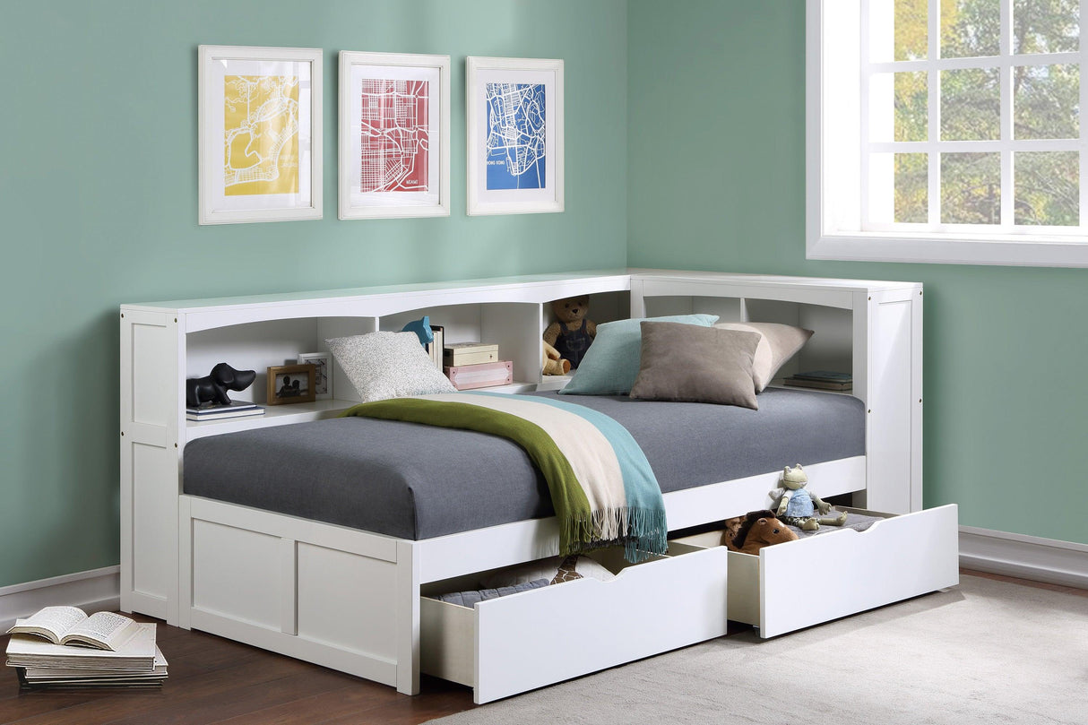 Galen White Twin Bookcase Corner Bed with Storage Boxes by Homelegance at Eve Furniture