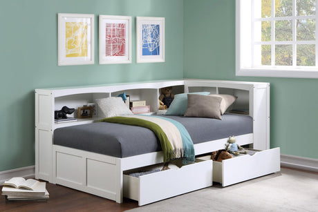 Galen White Twin Bookcase Corner Bed with Storage Boxes by Homelegance at Eve Furniture