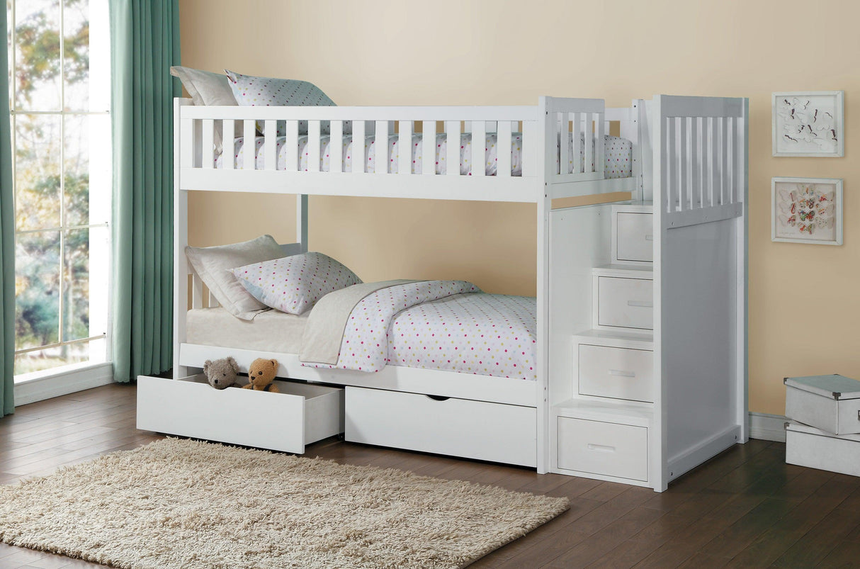 Galen White Twin/Twin Step Bunk Bed with Storage Boxes by Homelegance at Eve Furniture